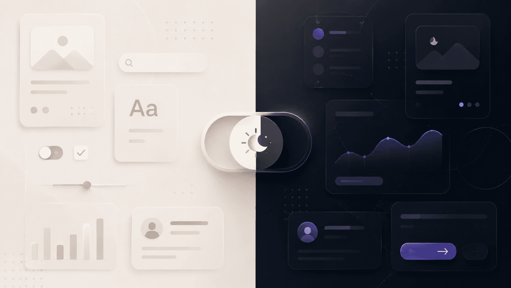 A design split into light and dark themes showcasing UI elements.