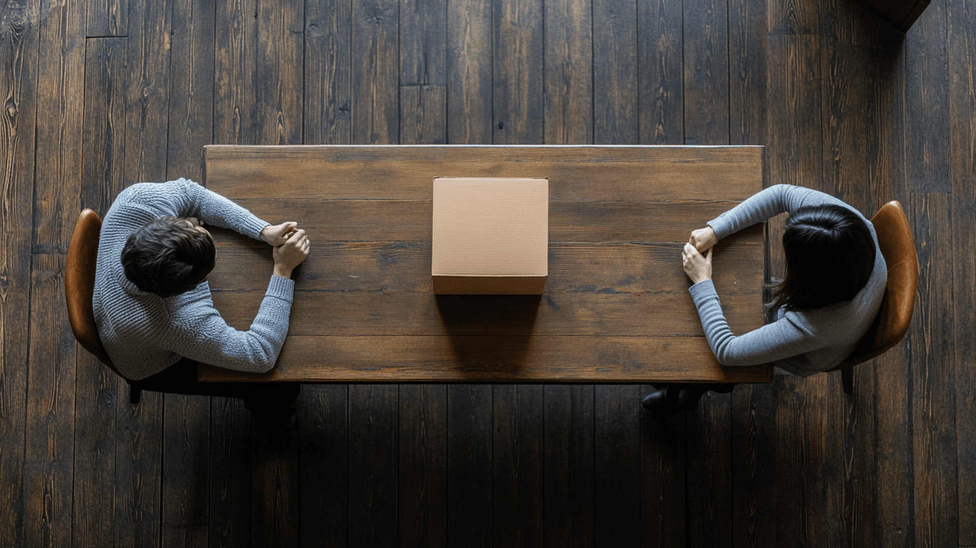 Two people sitting at a wooden table with a cardboard box between them.